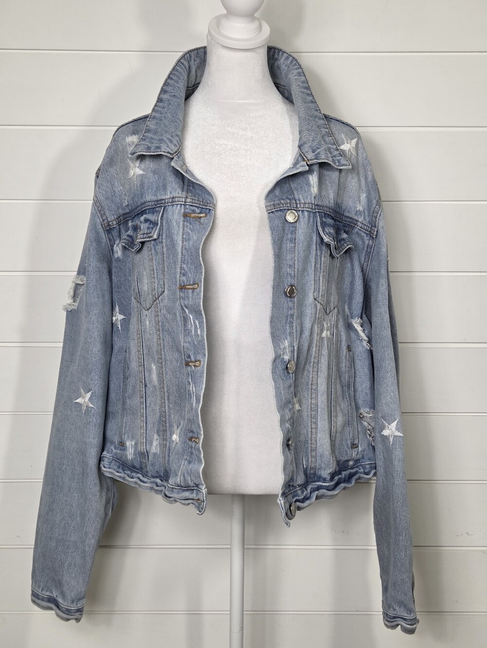 Angel Kiss Light Blue Distressed Star Denim Jacket size 2X